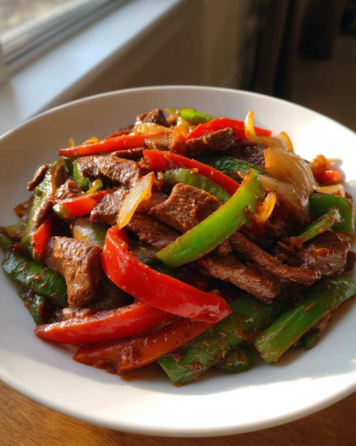 Close-up of vibrant Keto Beef Pepper Steak featuring strips of beef, red peppers, green peppers, and onions in a white bowl.