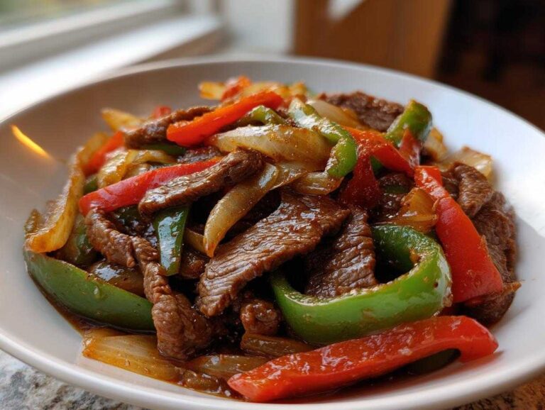 Close-up of a white bowl filled with glossy Keto Beef Pepper Steak mixed with vibrant green and red bell peppers and onions.