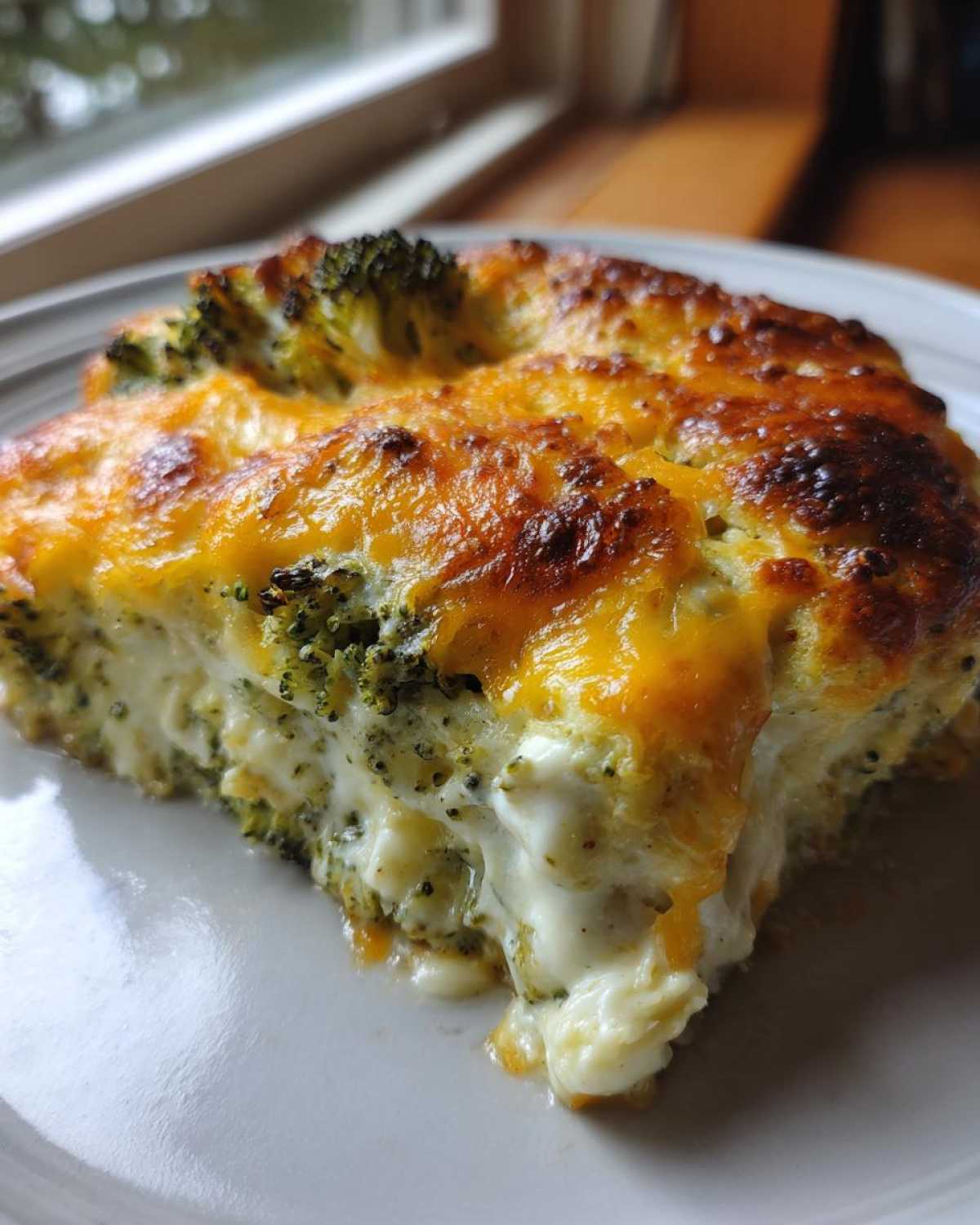 Close-up of a rich slice of Keto Broccoli Au Gratin featuring creamy sauce and a golden-brown, bubbly cheese topping.