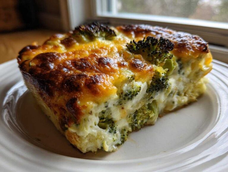 Amazing 4g Carb Keto Broccoli Au Gratin A close-up of a serving of Keto Broccoli Au Gratin, showing creamy filling and a perfectly browned, bubbly cheese topping.