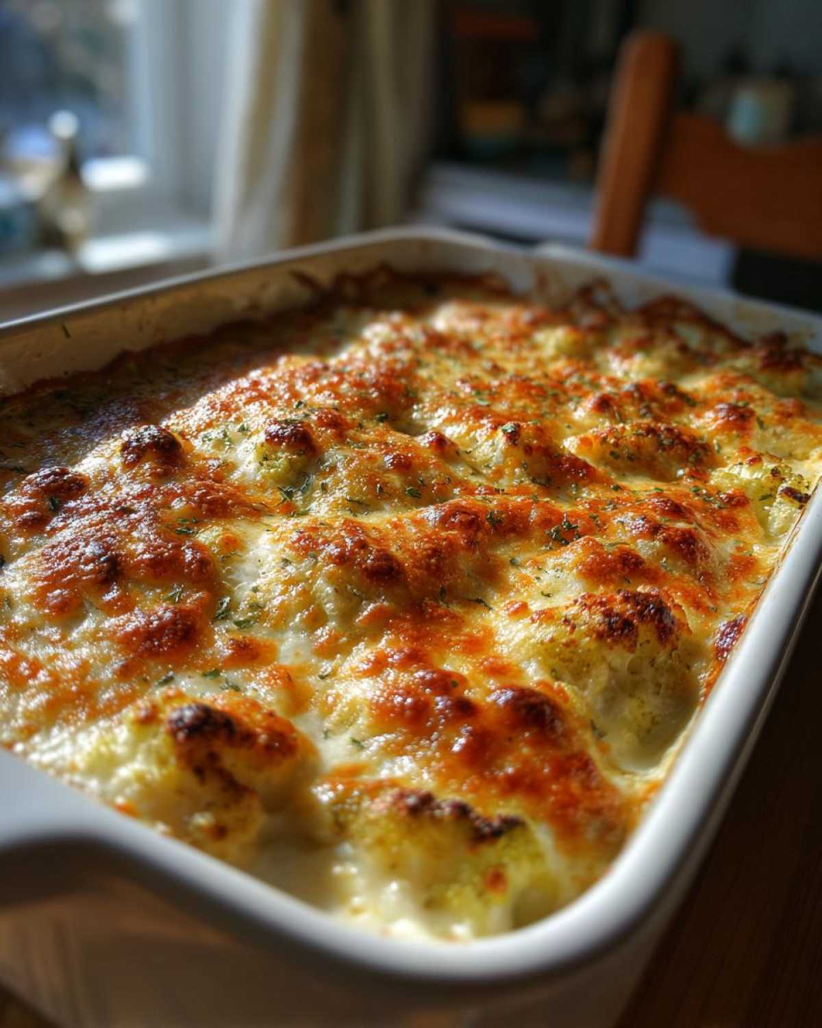 A close-up of a white baking dish filled with bubbling Keto Broccoli Cauliflower Au Gratin, topped with golden brown melted cheese.