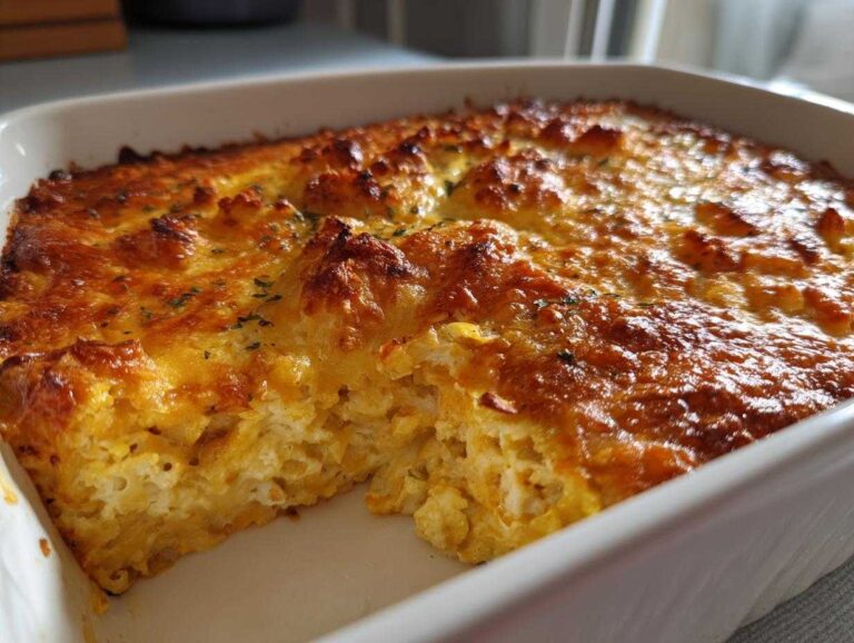 Close-up of a baked Keto Broccoli Cauliflower Au Gratin with a bubbly, golden-brown cheesy crust in a white baking dish.