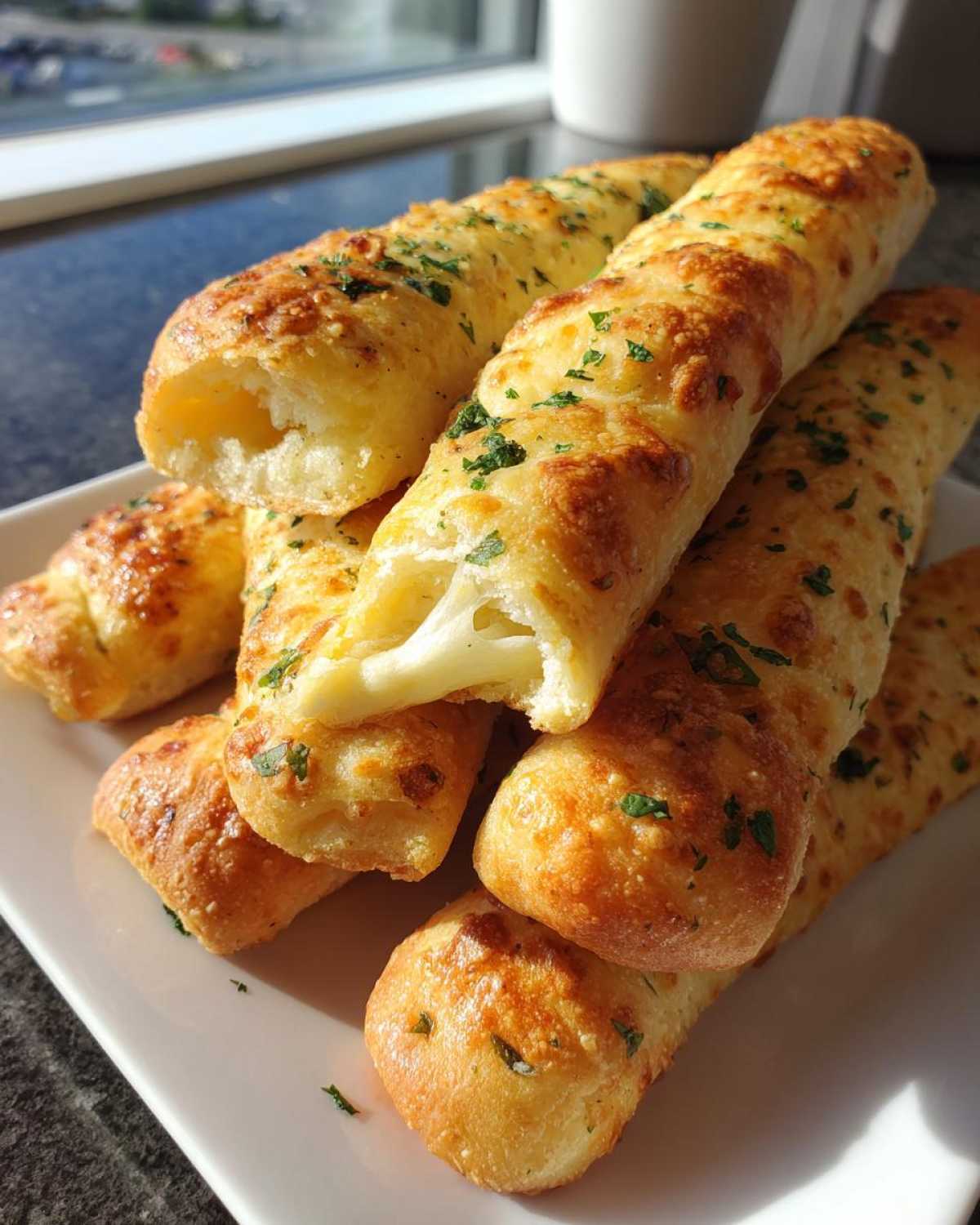 A stack of golden-brown Keto Garlic Breadsticks, one broken open showing melted cheese inside.