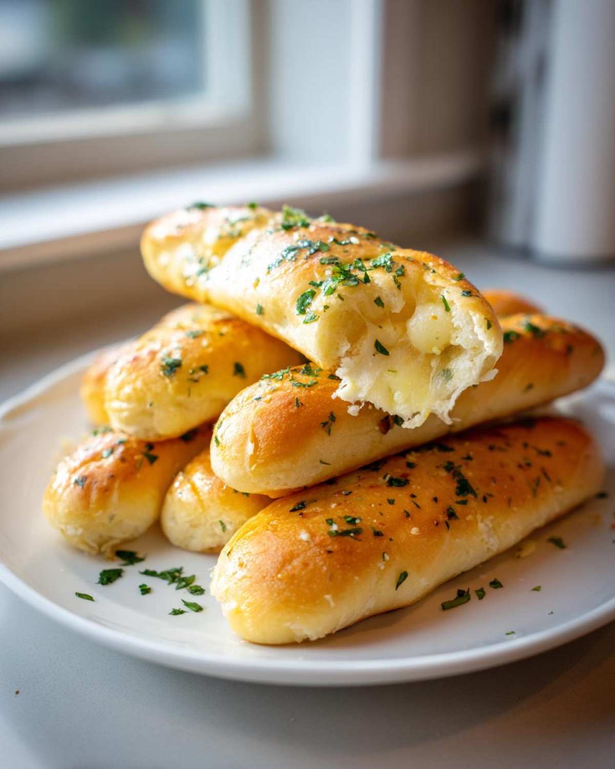 A stack of golden-brown Keto Garlic Breadsticks, one broken open showing a cheesy interior, sprinkled with parsley.