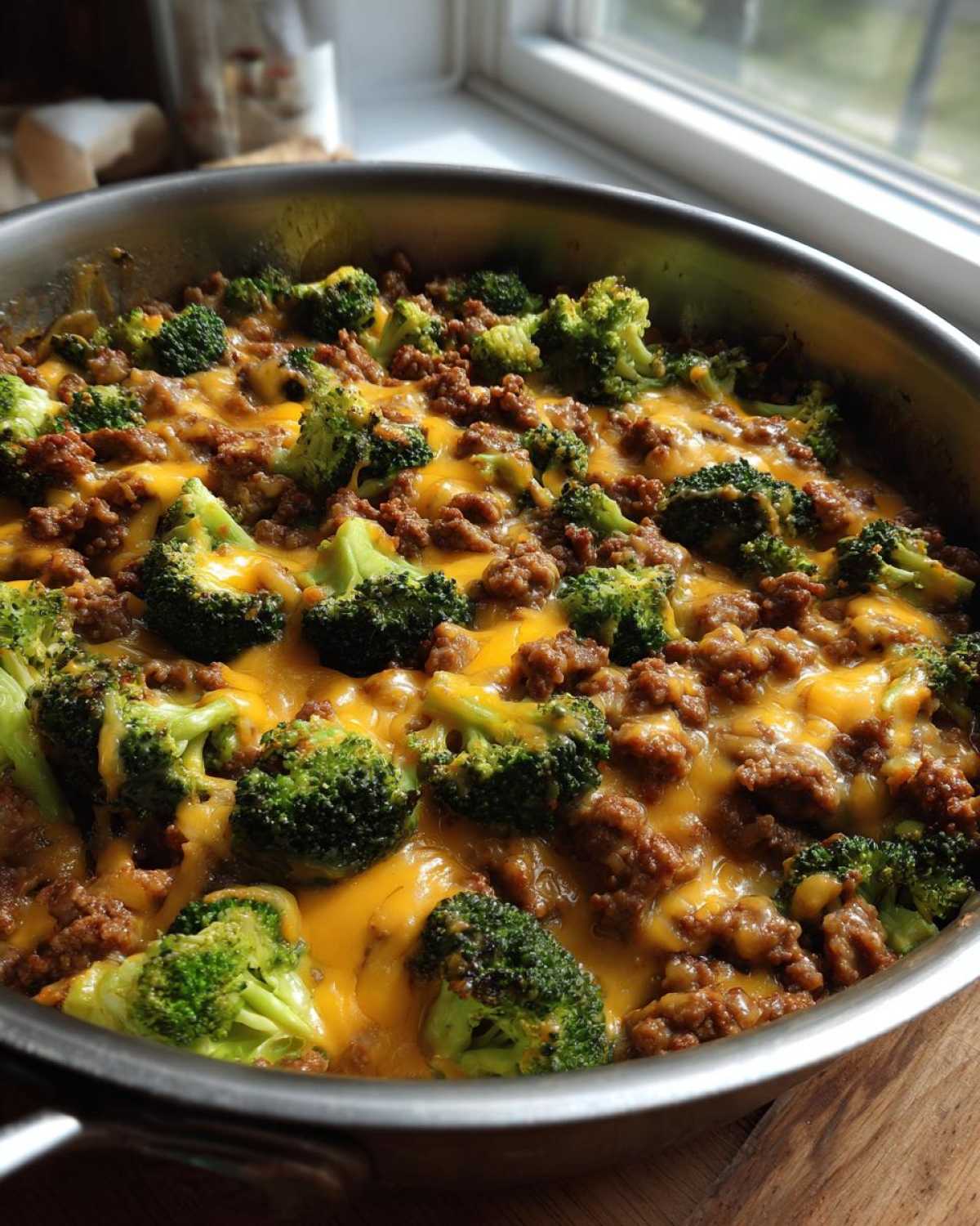Close-up of a Keto Hamburger Broccoli Skillet in a stainless steel pan, topped with melted cheddar cheese.