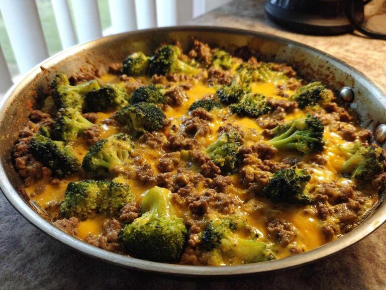 Amazing 1-Pan Keto Hamburger Broccoli Skillet A close-up view of the Keto Hamburger Broccoli Skillet in a stainless steel pan, topped with melted cheddar cheese.
