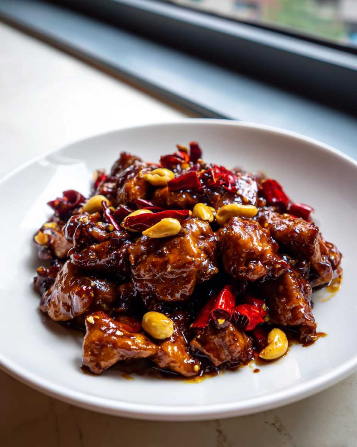 A close-up of glossy Keto Kung Pao Chicken pieces coated in dark sauce, mixed with peanuts and dried red chilies.