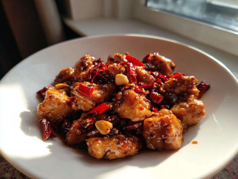 A close-up image of glistening, saucy Keto Kung Pao Chicken pieces mixed with dried red chilies and peanuts in a white bowl.