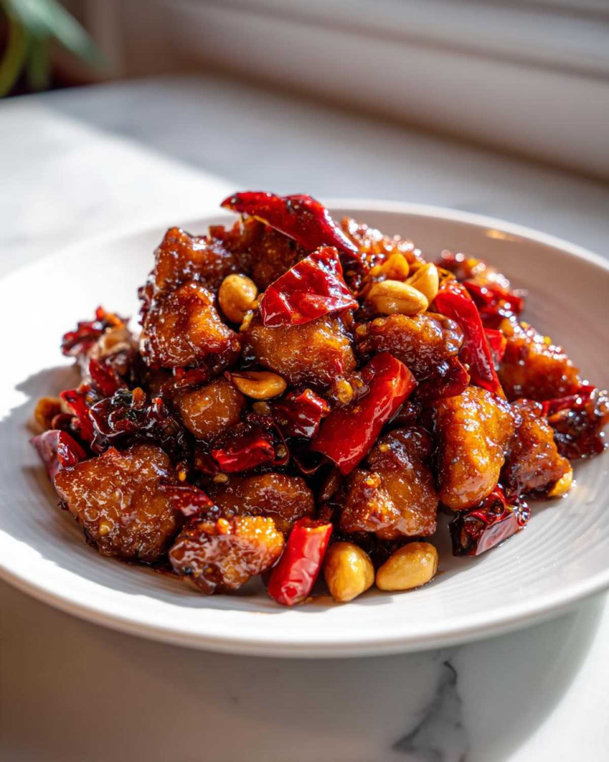 A close-up of glossy, saucy Keto Kung Pao Chicken pieces mixed with whole dried red chilies and peanuts on a white plate.