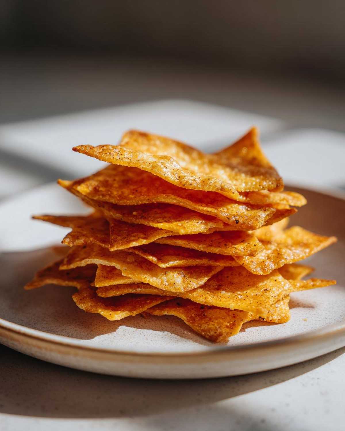 A close-up stack of golden, seasoned Keto Sour Cream Crackers piled high on a light-colored ceramic plate.