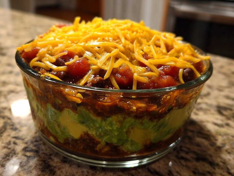 Close-up of a layered Avocado Party Dip featuring visible layers of green avocado, bean chili, and topped with shredded cheddar cheese.