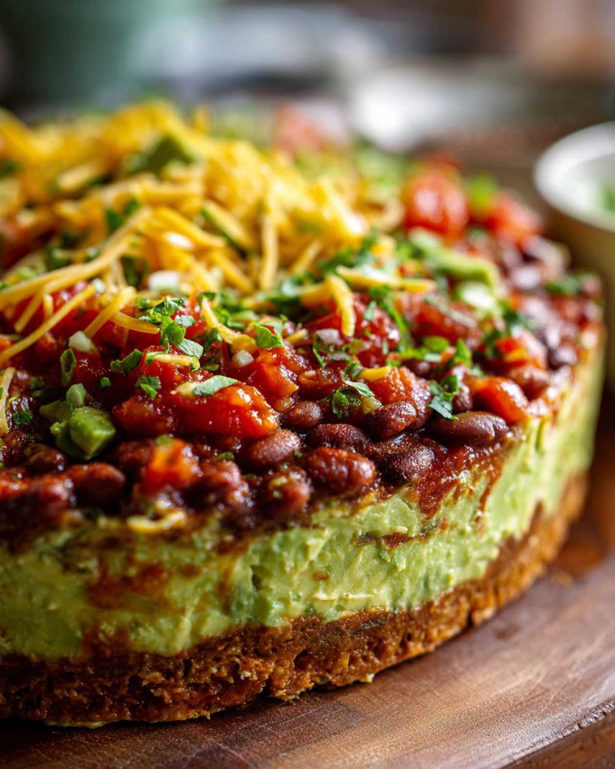 Close-up of a layered Avocado Party Dip featuring a thick avocado layer, topped with beans, salsa, and shredded cheese.