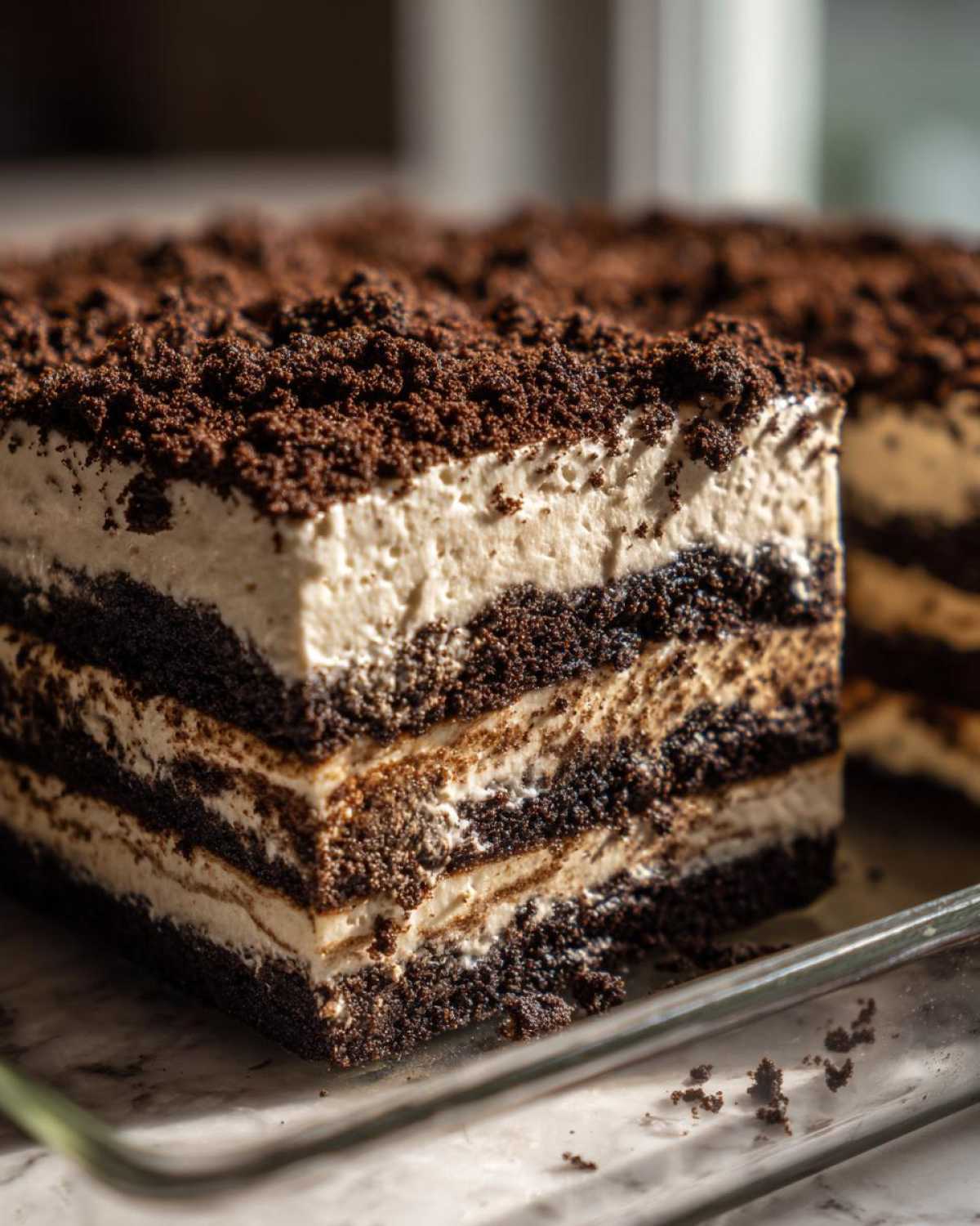 A close-up slice of rich, layered dirt cake showing alternating layers of dark chocolate cookie crumbs and creamy filling.