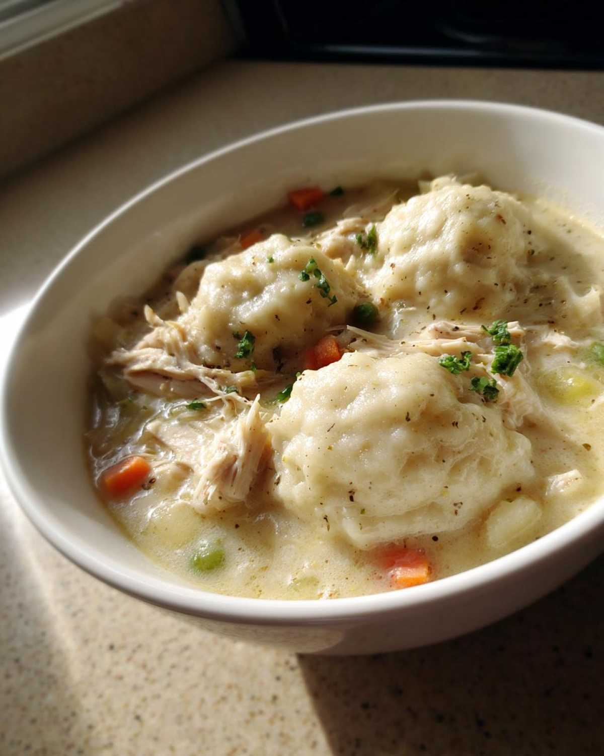 A close-up of a white bowl filled with creamy chicken and dumpling soup, featuring fluffy dumplings and shredded chicken.