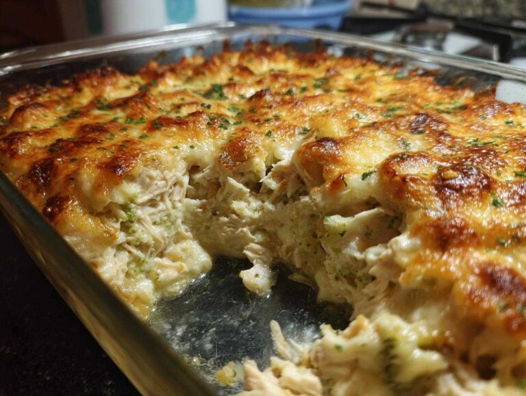 Amazing 10 Min Prep Low Carb Chicken Casserole A glass baking dish filled with a creamy, cheesy Low Carb Chicken Casserole, showing a scoop removed to reveal shredded chicken and broccoli.