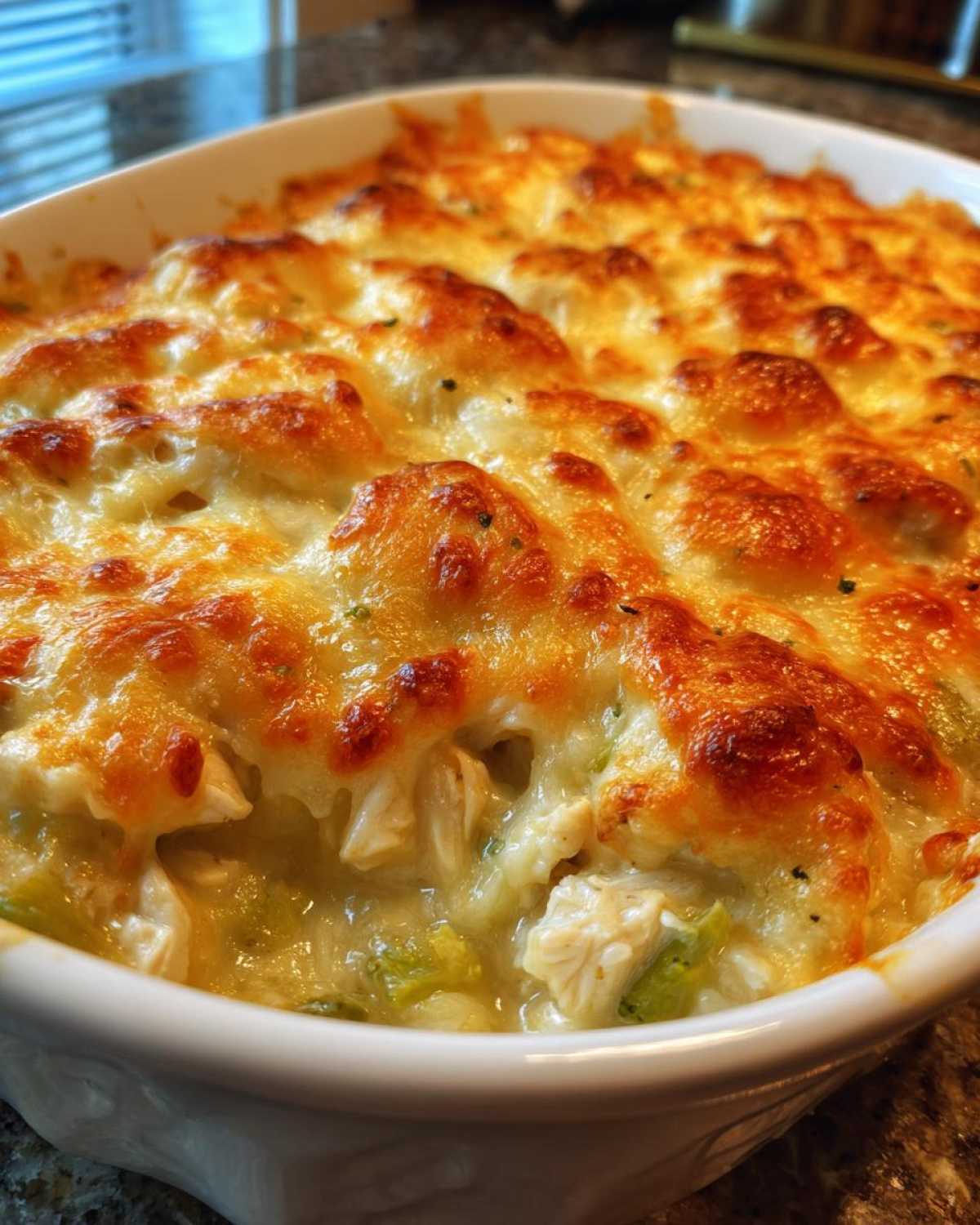 Close-up of a bubbling Low Carb Chicken Casserole with a thick, golden-brown melted cheese topping.