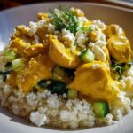 Close-up of a Low Carb Lemon Dill Chicken Bowl served over cauliflower rice, topped with feta and fresh dill.
