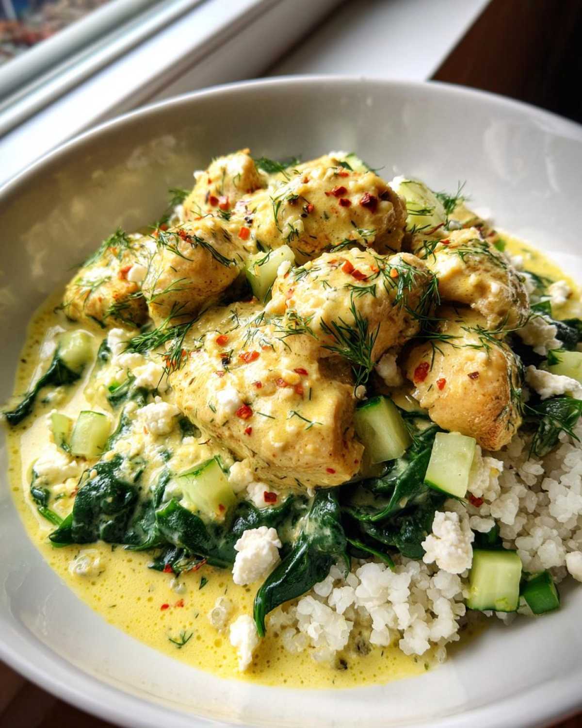 Close-up of a Low Carb Lemon Dill Chicken Bowl featuring chicken pieces in a creamy yellow sauce over cauliflower rice, spinach, and cucumber.