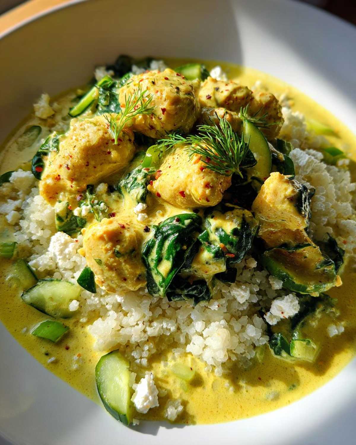 Close-up of a Low Carb Lemon Dill Chicken Bowl featuring yellow seasoned chicken pieces over cauliflower rice, spinach, and cucumber.