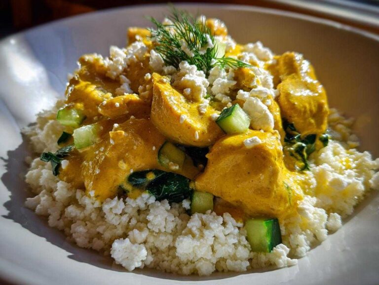 Close-up of a Low Carb Lemon Dill Chicken Bowl served over cauliflower rice, topped with feta and fresh dill.
