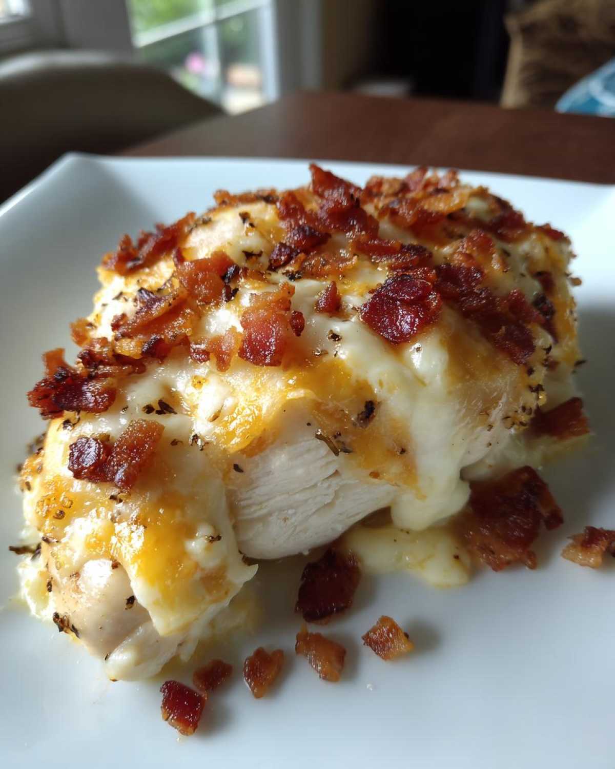 Close-up of a juicy chicken breast topped with melted cheese and crispy bacon bits, representing Malibu Chicken Cheesy Bacon Chicken.