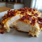 Cross-section of Malibu Chicken Cheesy Bacon Chicken showing moist white meat topped with melted cheese and crispy bacon bits.