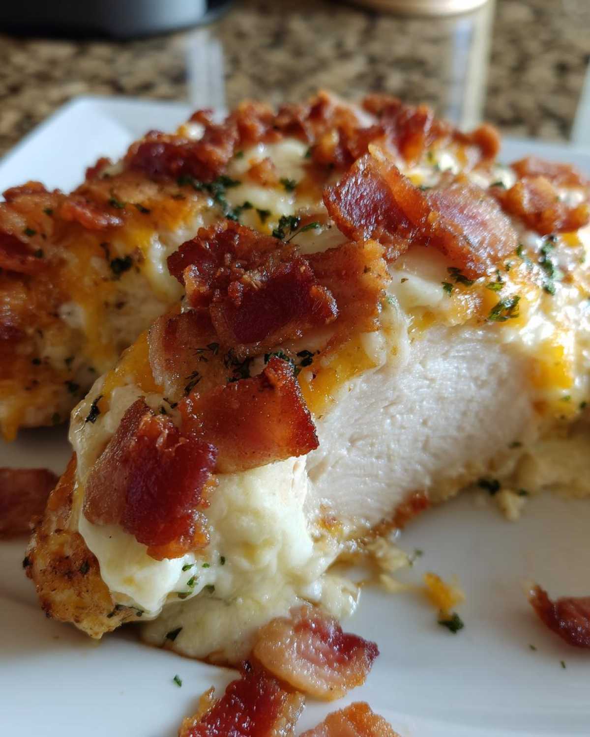 Close-up of a cross-section of Malibu Chicken Cheesy Bacon Chicken showing moist white meat, melted cheese, and crispy bacon.