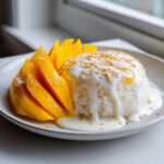 A serving of mango sticky rice topped with rich coconut cream sauce and toasted sesame seeds.