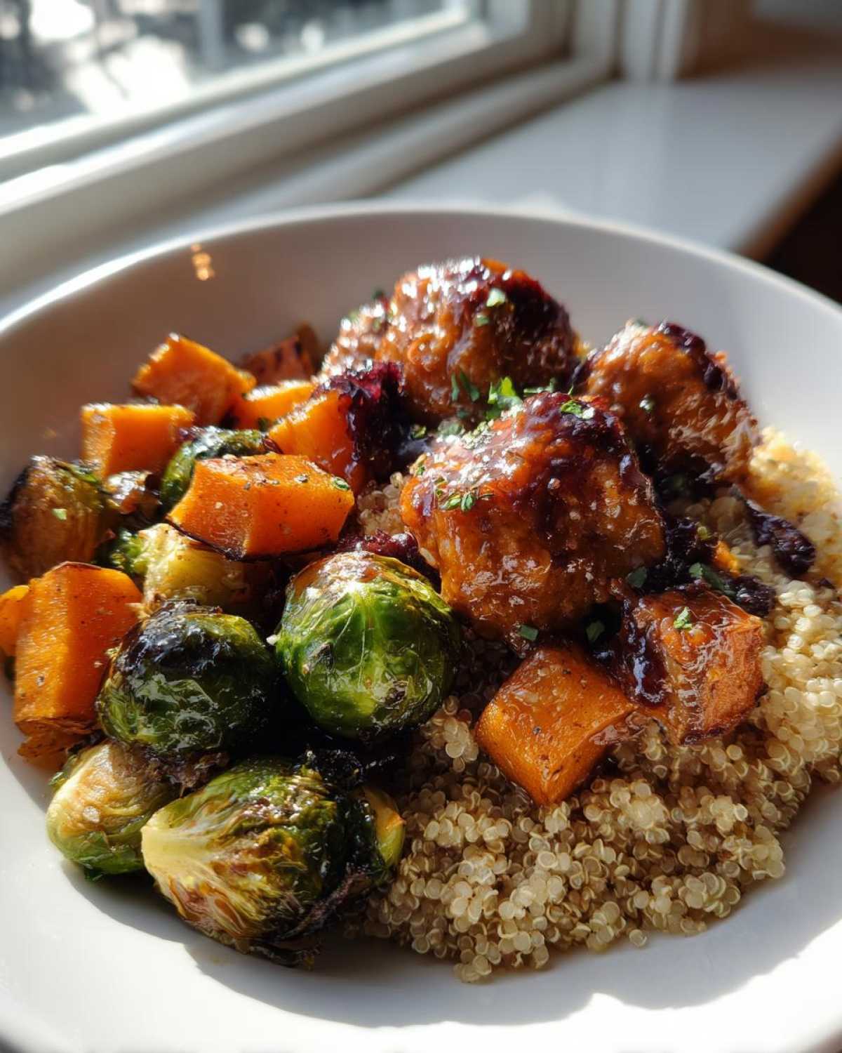 Close-up of a Maple Dijon Chicken Bowl featuring glazed chicken pieces, roasted Brussels sprouts, sweet potatoes, and quinoa.