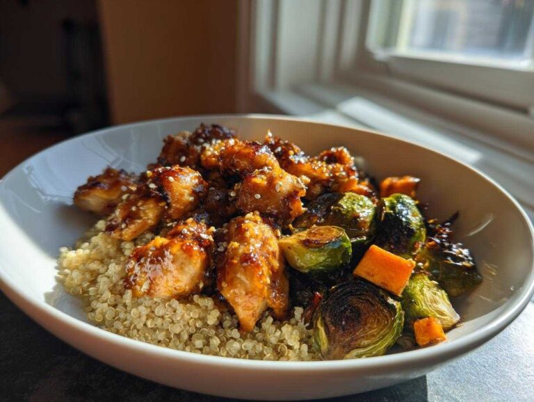Close-up of a Maple Dijon Chicken Bowl featuring glazed chicken pieces over quinoa with roasted Brussels sprouts and sweet potatoes.