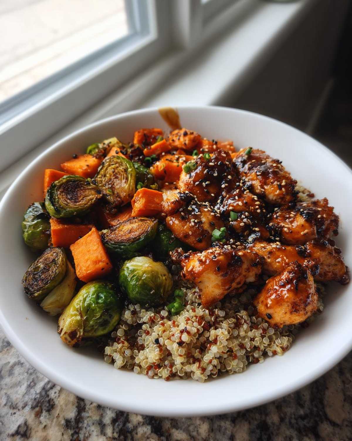A white bowl filled with a Maple Dijon Chicken Bowl featuring glazed chicken, quinoa, roasted sweet potatoes, and Brussels sprouts.