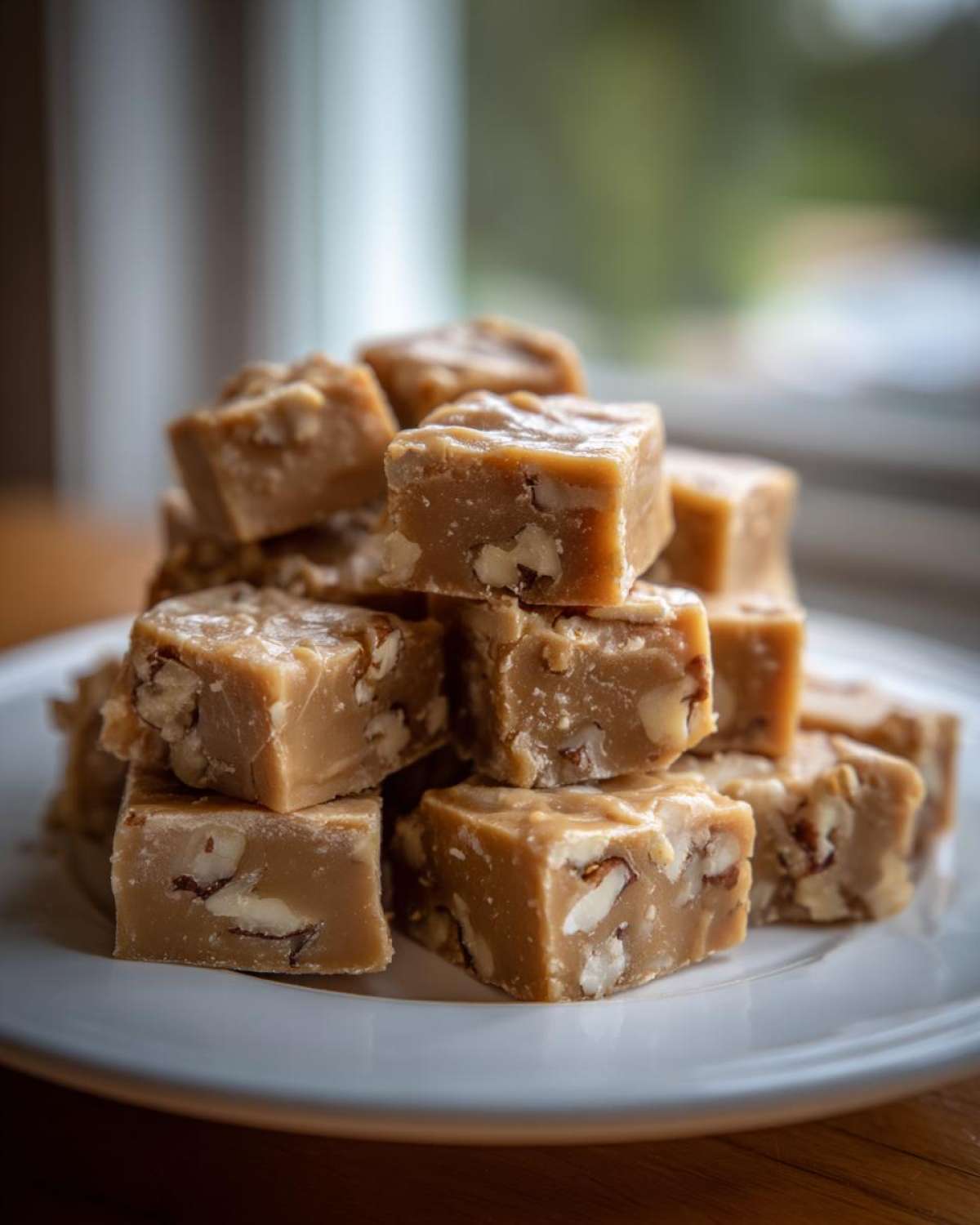 A tempting stack of square maple fudge pieces loaded with visible chopped nuts, sitting on a white plate.