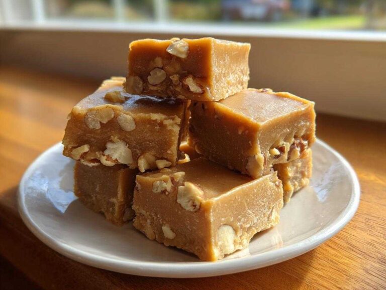 A stack of rich, brown maple fudge squares studded with chopped nuts, sitting on a white plate.