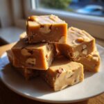 Close-up of stacked squares of creamy, light brown maple fudge studded with visible nuts, sitting on a white plate.