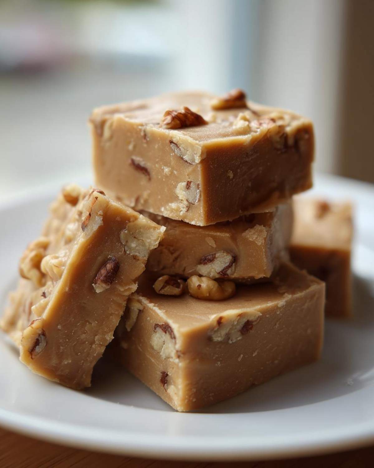 A stack of rich, light brown maple fudge squares studded with chopped pecans, resting on a white plate.