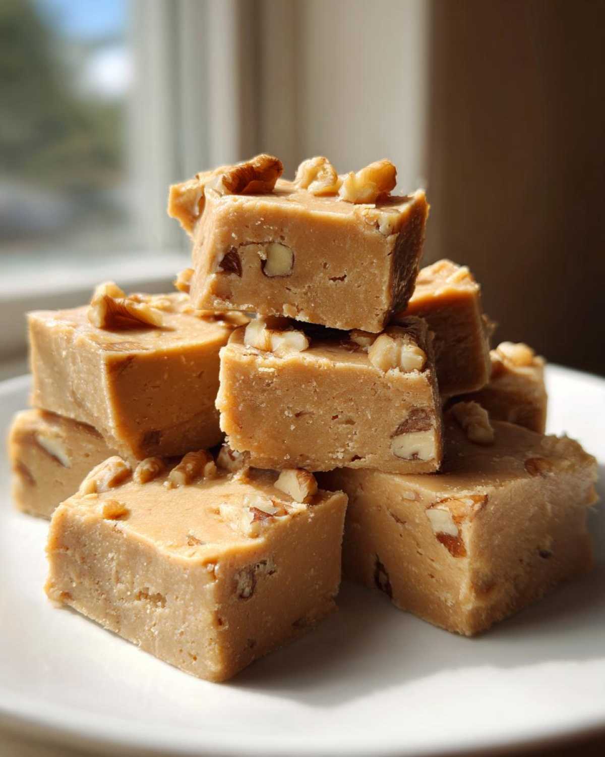A stack of creamy, light brown maple fudge squares topped with chopped walnuts, sitting on a white plate.