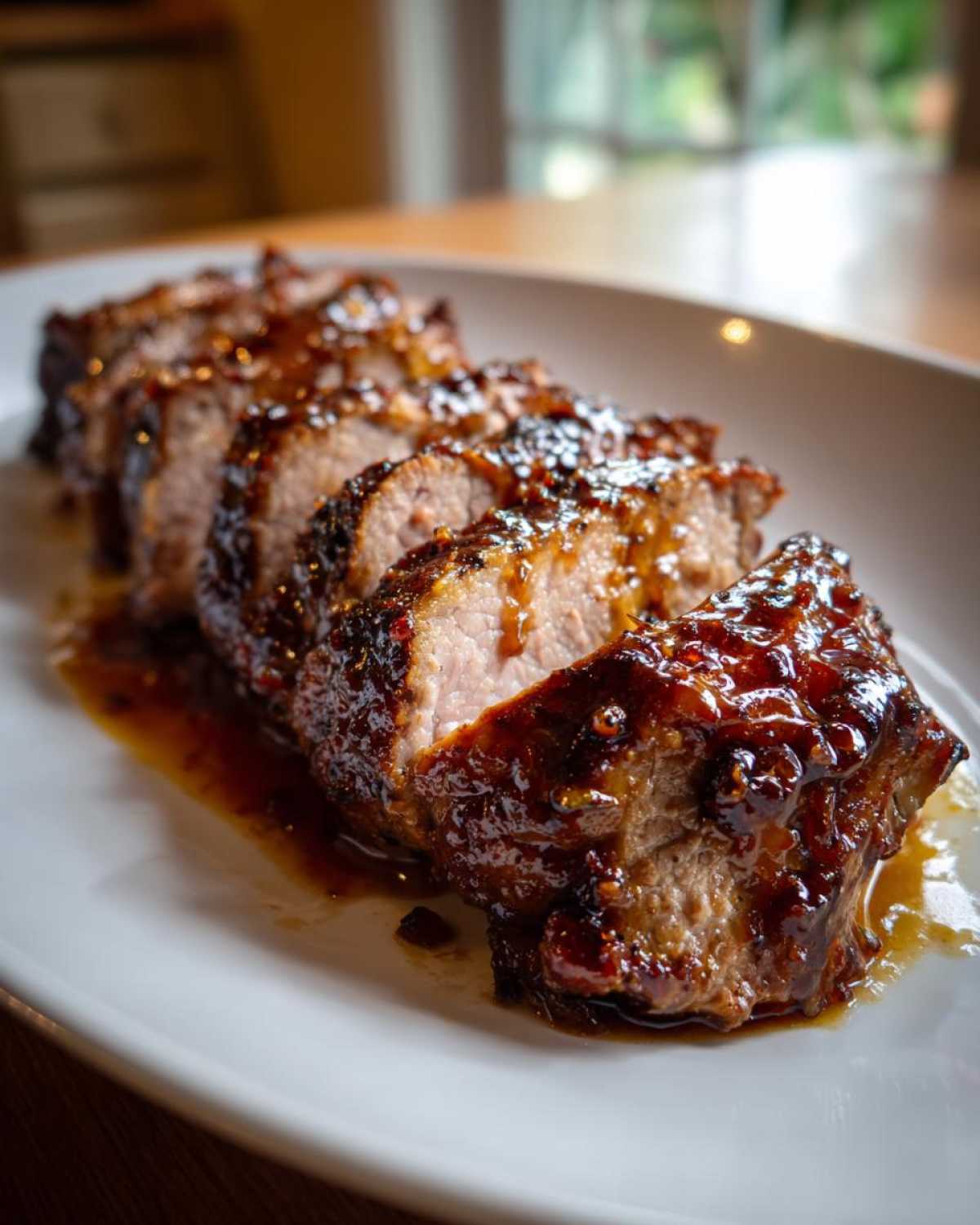 Close-up of sliced maple mustard pork tenderloin covered in a thick, shiny glaze resting on a white plate.