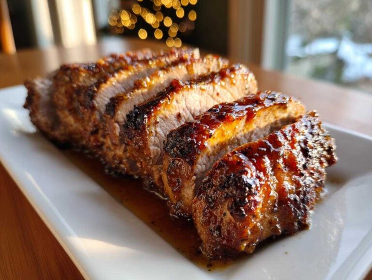 Close-up of sliced maple mustard pork tenderloin with a glossy glaze resting on a white platter.