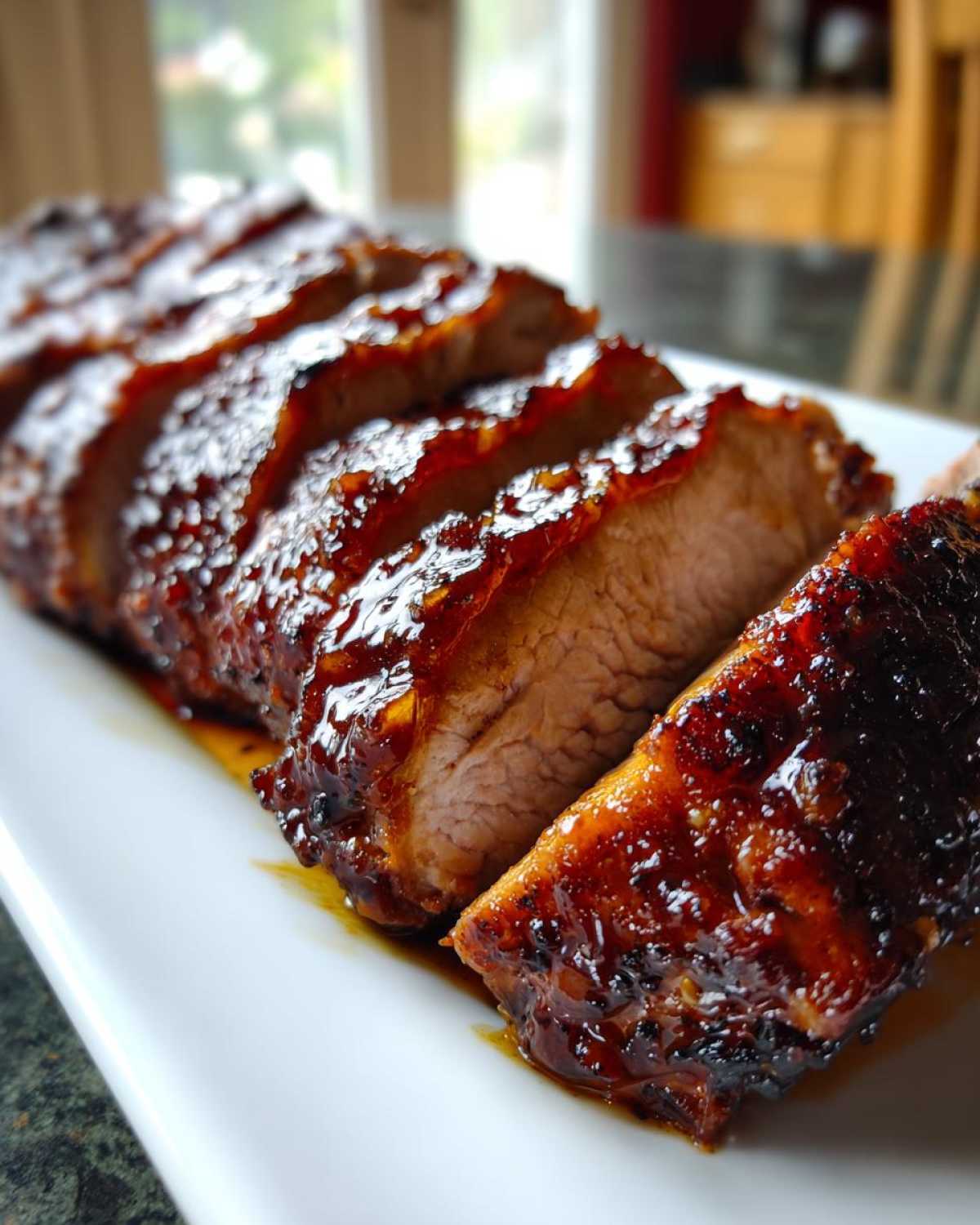Close-up of a juicy maple mustard pork tenderloin, sliced and covered in a thick, shiny glaze.