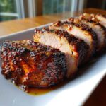 Close-up of sliced maple mustard pork tenderloin with a thick, glossy glaze.