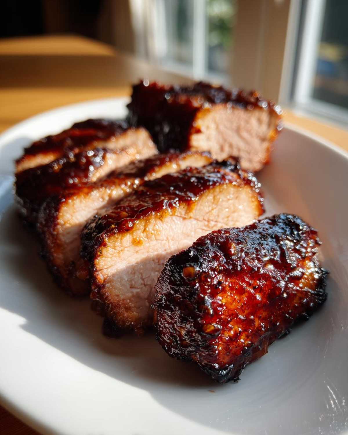 Slices of juicy maple mustard pork tenderloin served on a white plate, showing a rich, dark glaze.