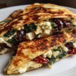 Two halves of a golden-brown Mediterranean Quesadillas cut open, showing a filling of feta cheese, spinach, olives, and sun-dried tomatoes.