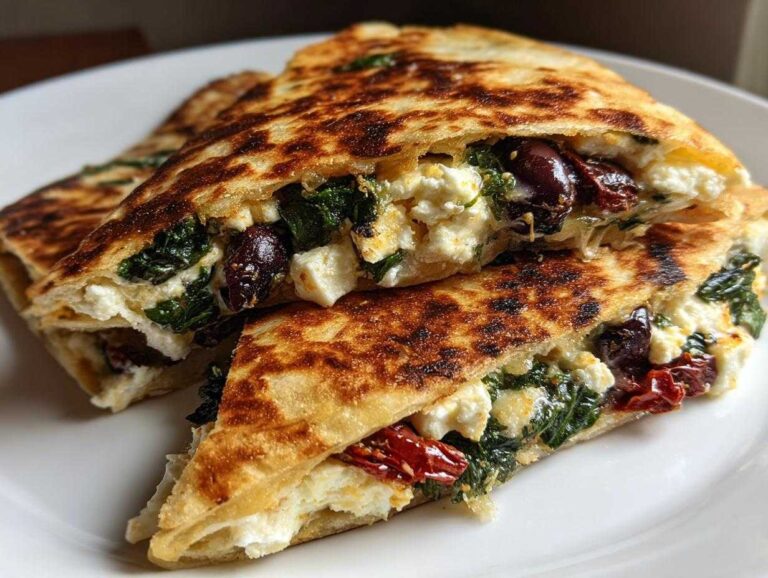 Two halves of a golden-brown Mediterranean Quesadillas cut open, showing a filling of feta cheese, spinach, olives, and sun-dried tomatoes.