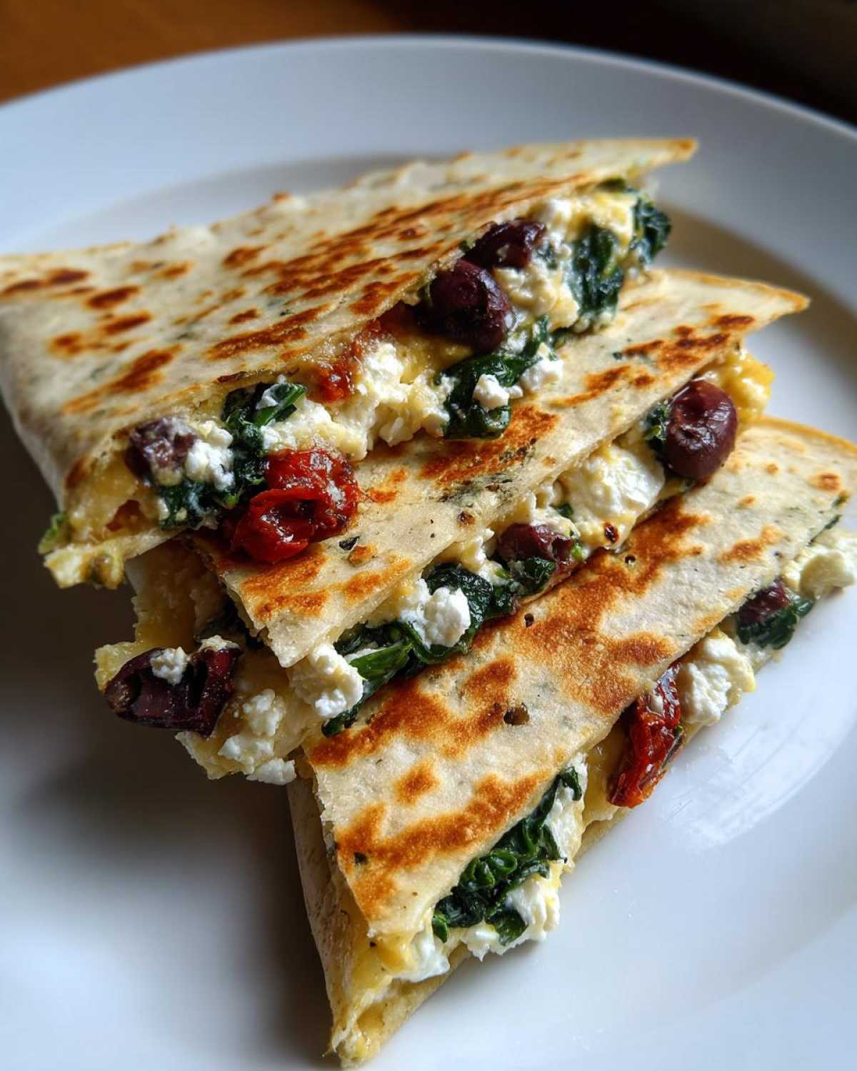 Close-up of stacked, golden-brown Mediterranean Quesadillas filled with spinach, feta cheese, olives, and sun-dried tomatoes.