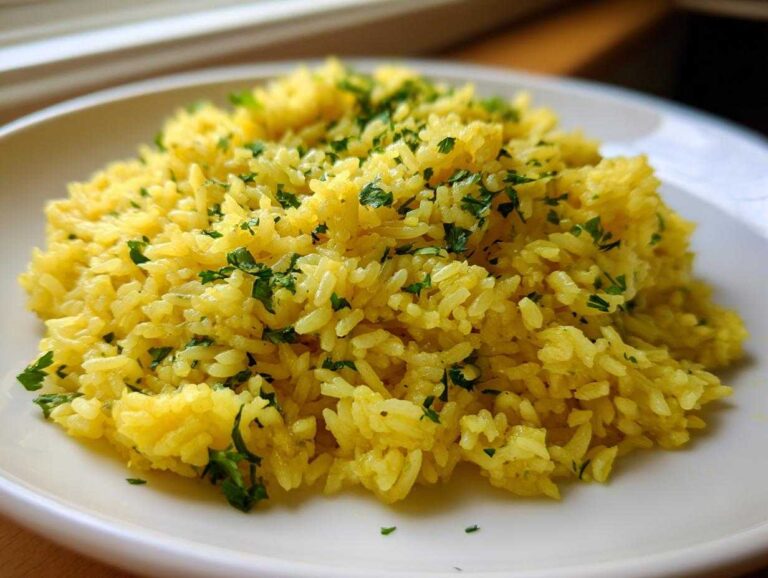 Close-up of fluffy, yellow mediterranean rice topped generously with chopped fresh parsley on a white plate.