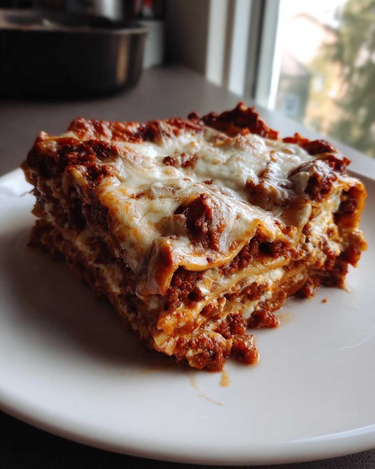 A generous, layered slice of Million Dollar Italian Lasagna featuring rich meat sauce and melted cheese topping on a white plate.