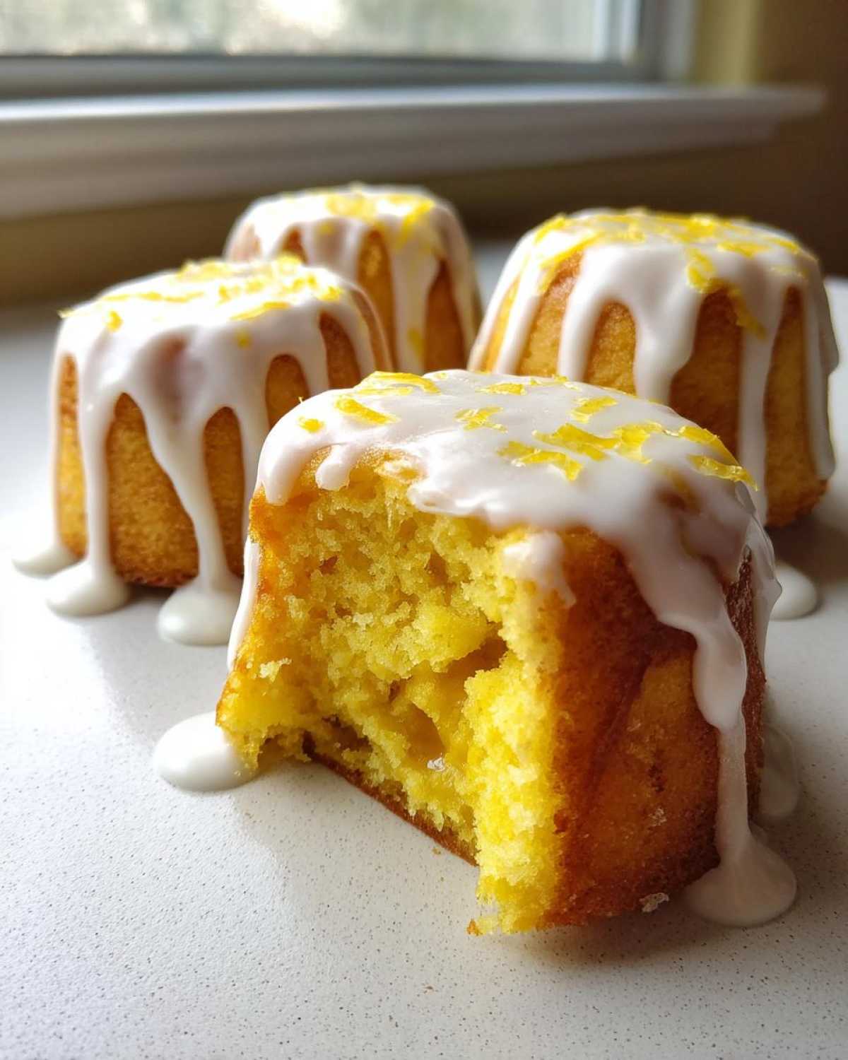 Close-up of moist Mini Lemon Cakes Recipe treats topped with white glaze and lemon zest, one cake is bitten into.