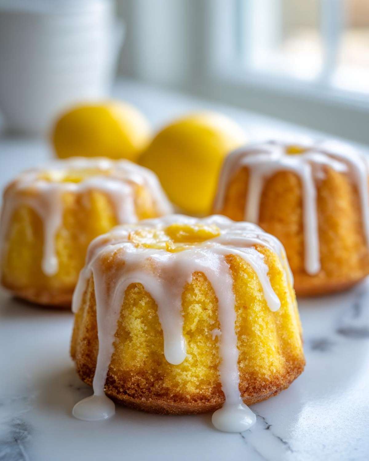 Close-up of several Mini Lemon Cakes Recipe bites topped with thick white lemon glaze dripping down the sides.