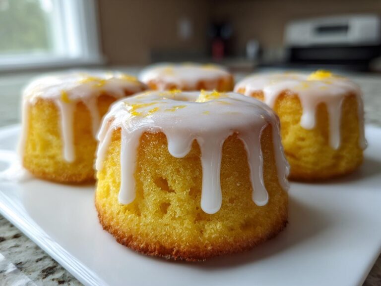 Amazing Mini Lemon Cakes Recipe: 12 Moist Bites Four moist Mini Lemon Cakes Recipe bites topped with dripping white lemon glaze and zest.