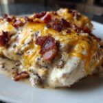 Two servings of Mississippi Mud Chicken smothered in creamy sauce, melted cheddar cheese, and topped with crispy bacon bits.